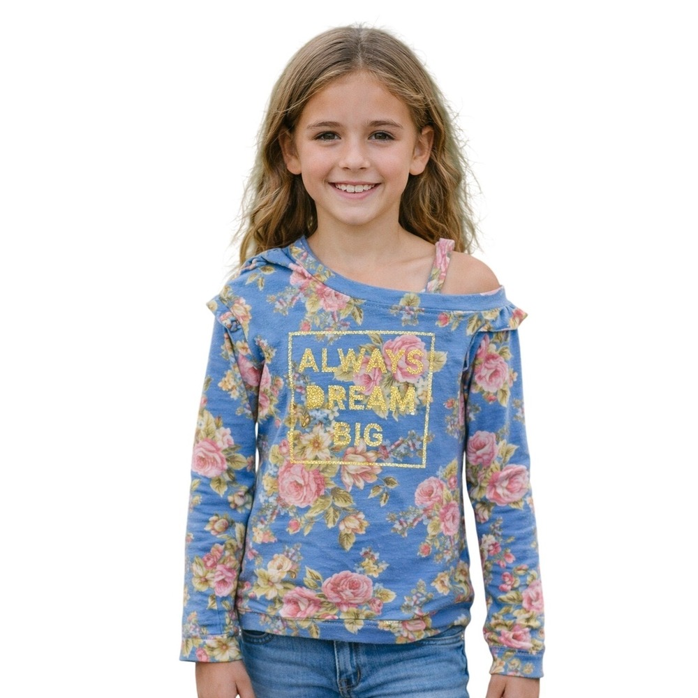 Lily Bleu‎ Top Kids Girls Blue Floral Cold Shoulder Long Sleeve Shirt Size L 14